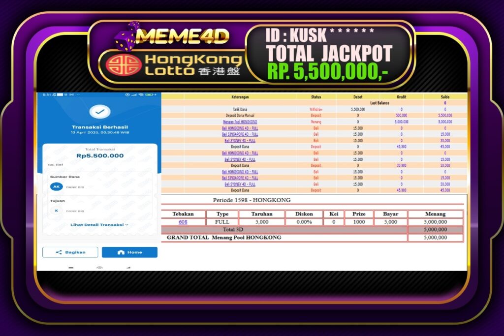 Bukti Jp MEME4D Togel Online 13 April 2025