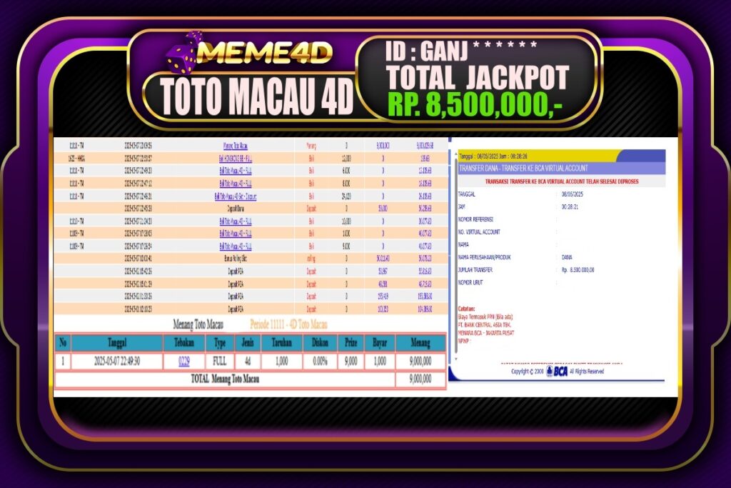 Bukti Jp MEME4D Togel Online 08 Mei 2025