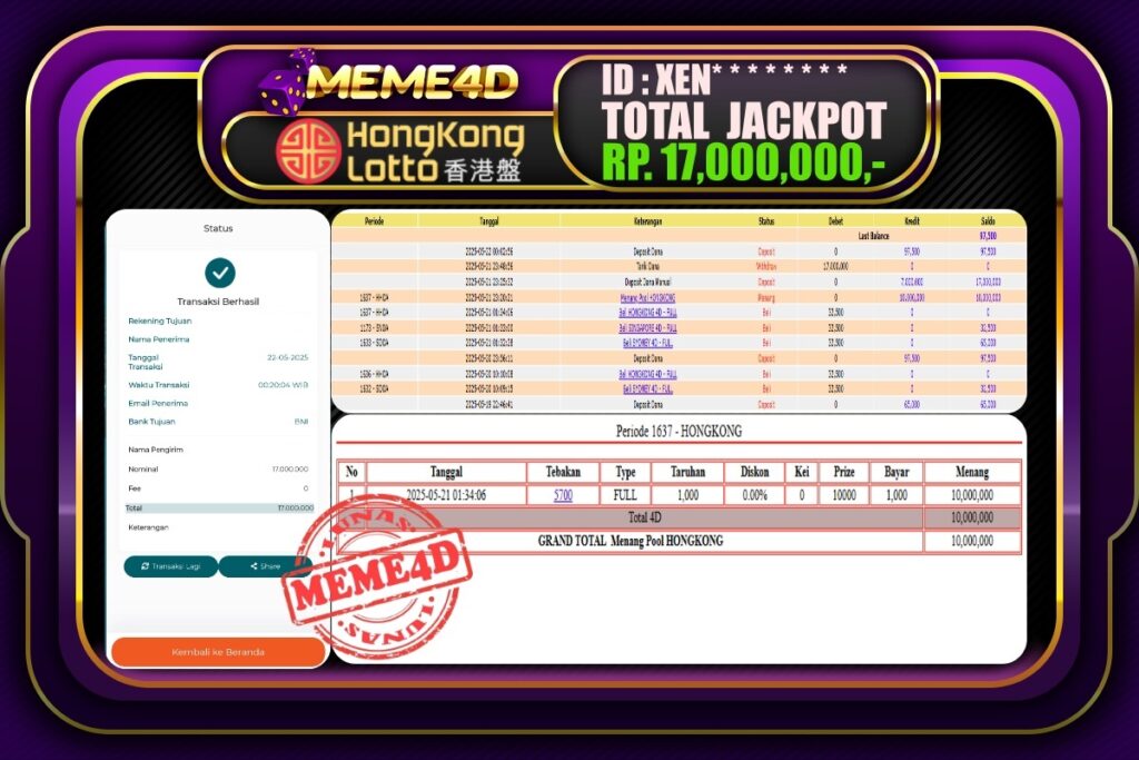 Bukti Jp MEME4D Togel Online 22 Mei 2025