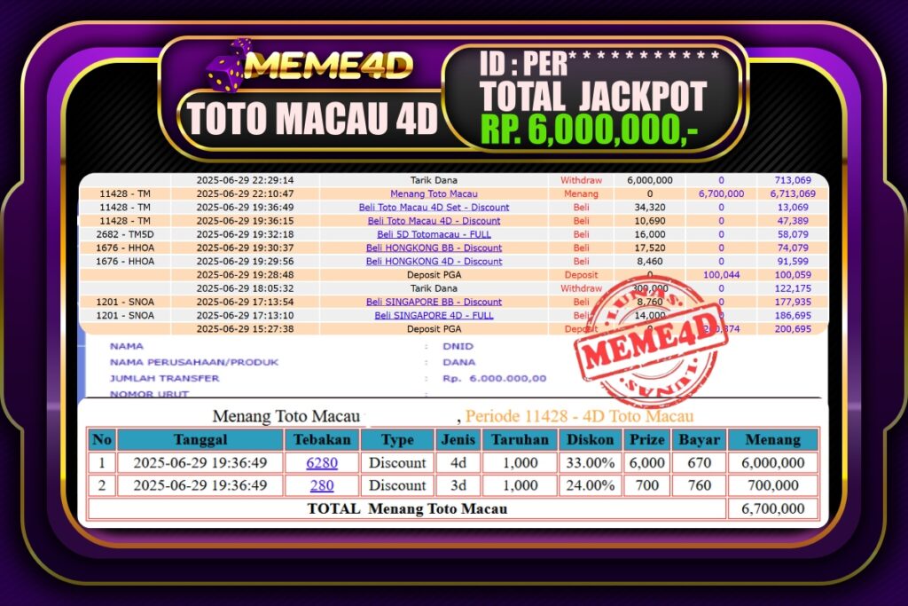 Bukti Jp MEME4D Togel Online 30 Juni 2025