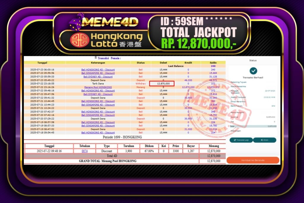 Bukti Jp MEME4D Togel Online 23 Juli 2025