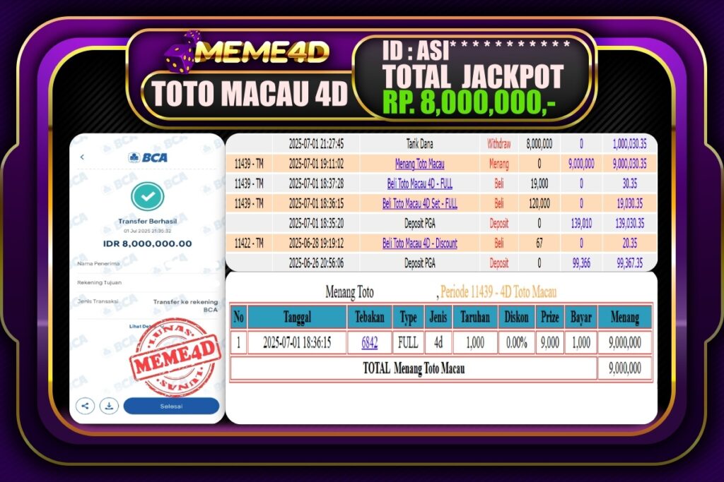Bukti Jp MEME4D Togel Online 02 Juli 2025