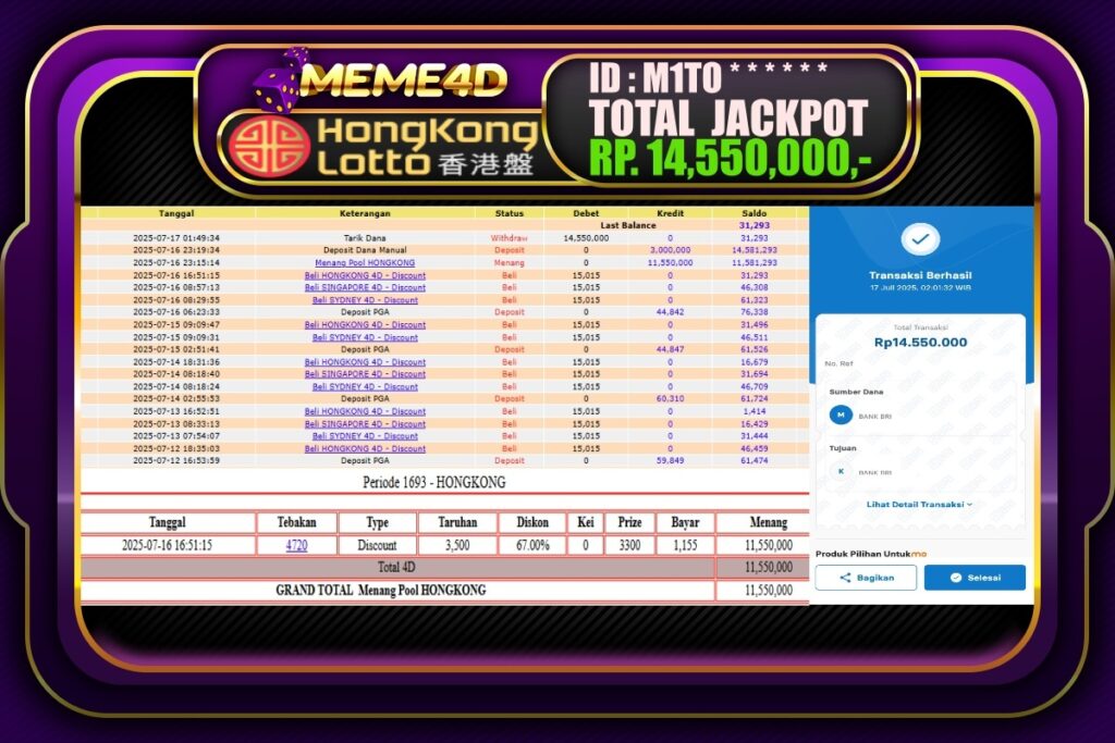 Bukti Jp MEME4D Togel Online 17 Juli 2025