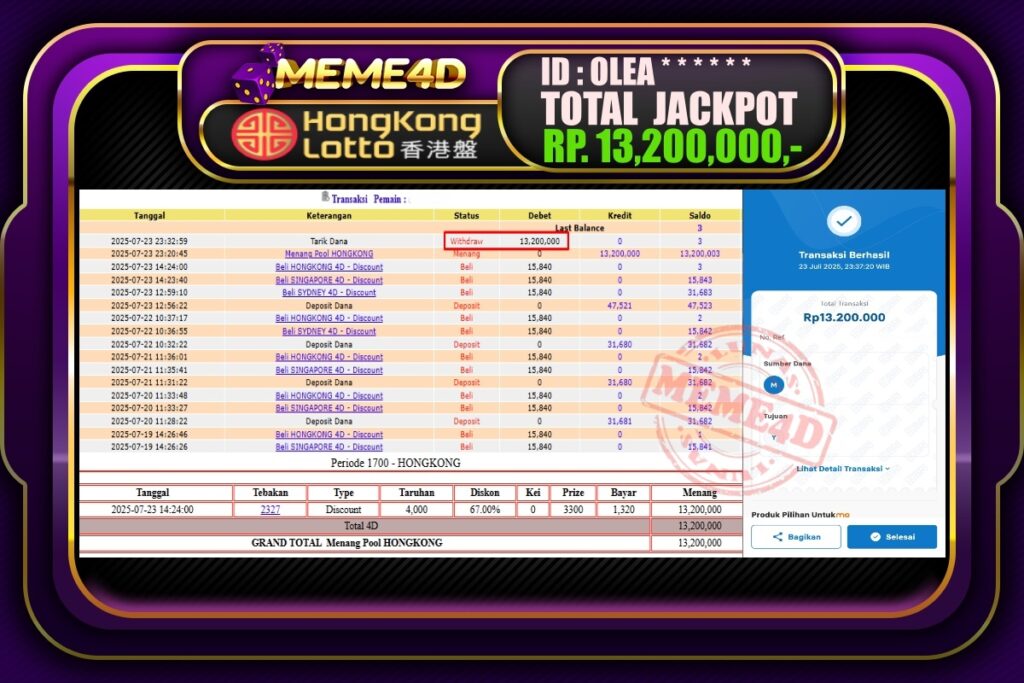 Bukti Jp MEME4D Togel Online 24 Juli 2025