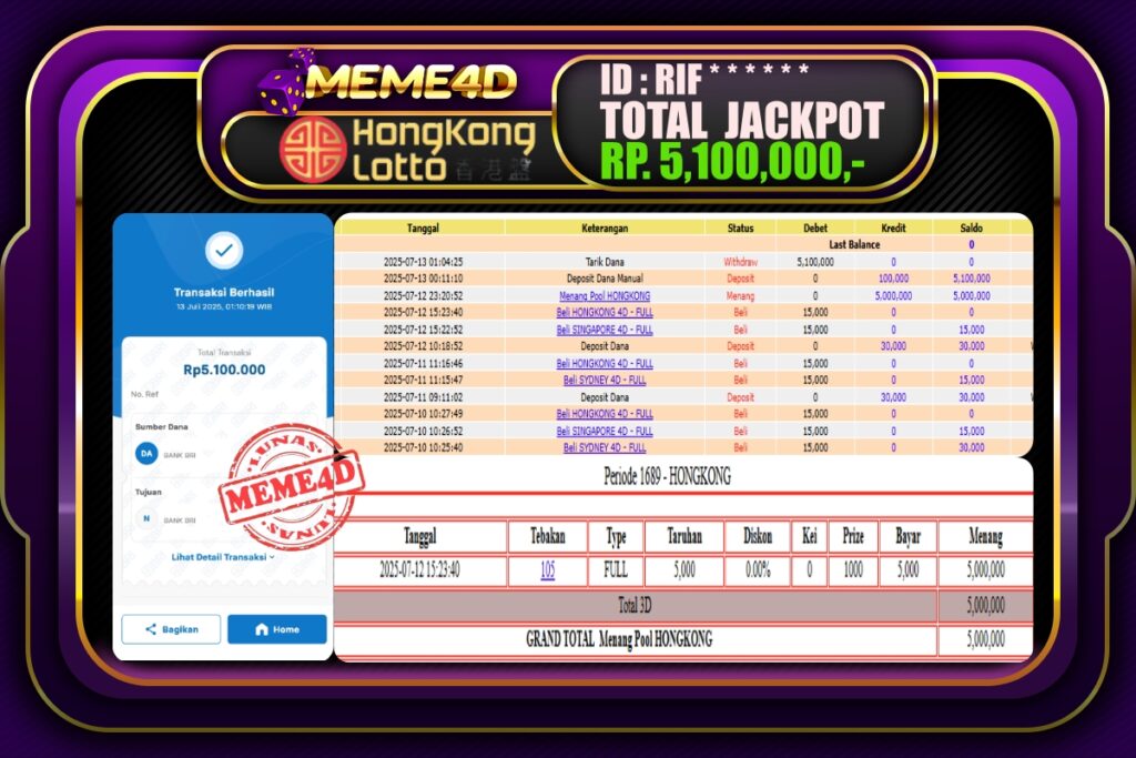 Bukti Jp MEME4D Togel Online 13 Juli 2025
