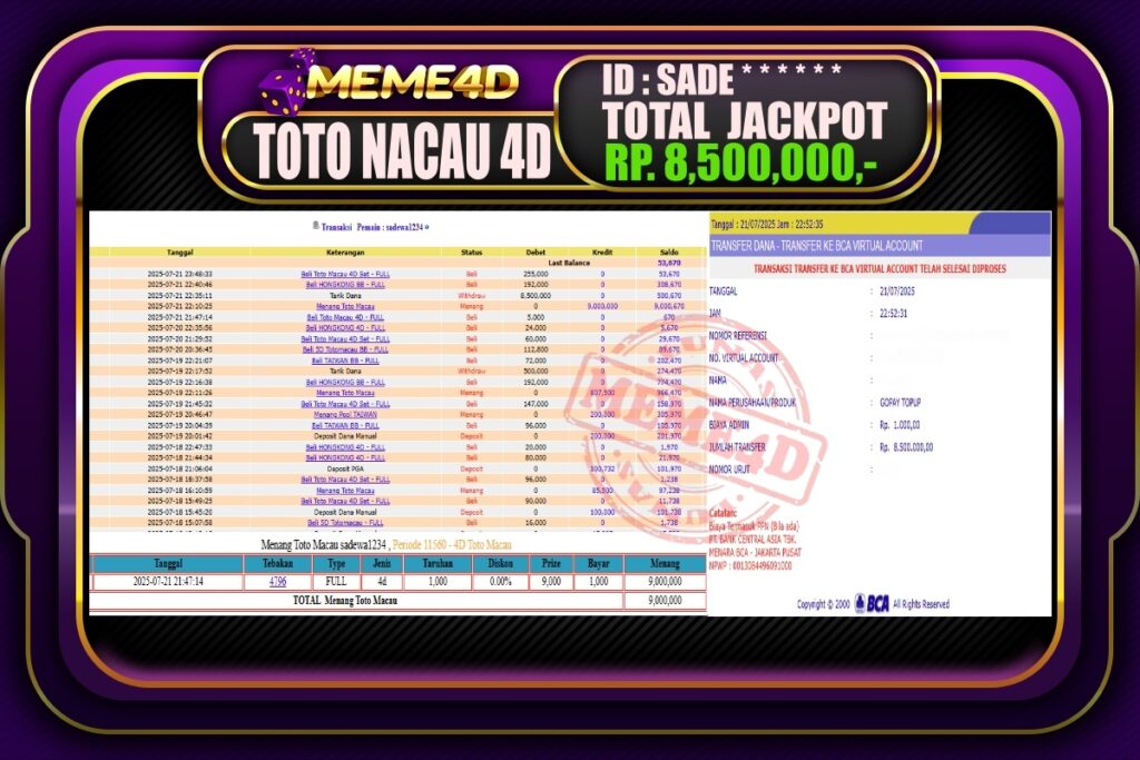 Bukti Jp MEME4D Togel Online 22 Juli 2025
