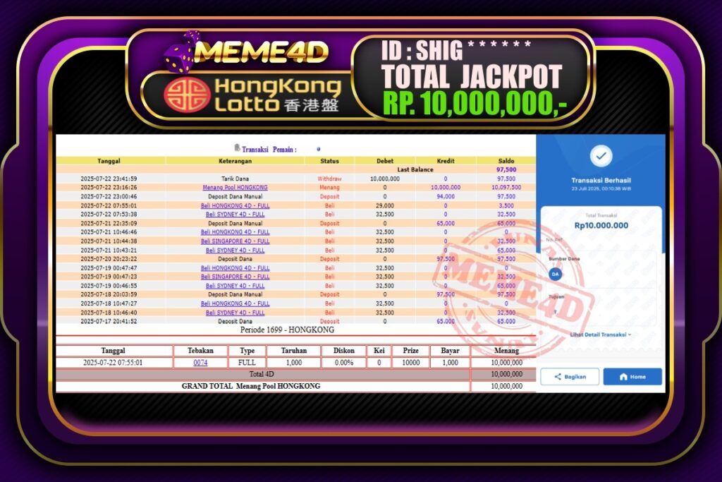 Bukti Jp MEME4D Togel Online 23 Juli 2025