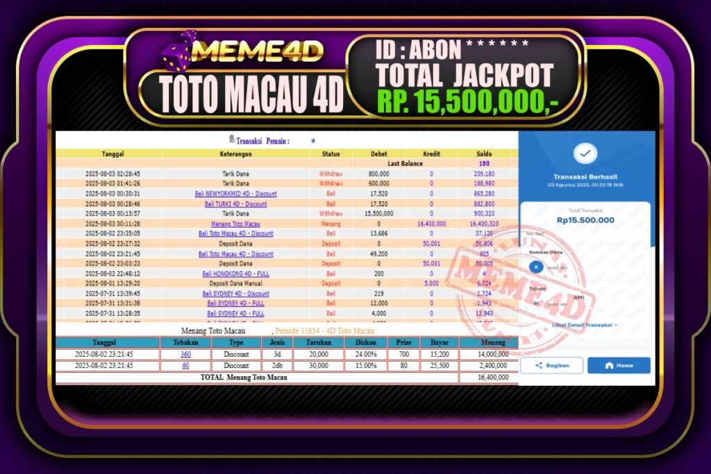 Bukti Jp MEME4D Togel Online 03 AGUSTUS 2025