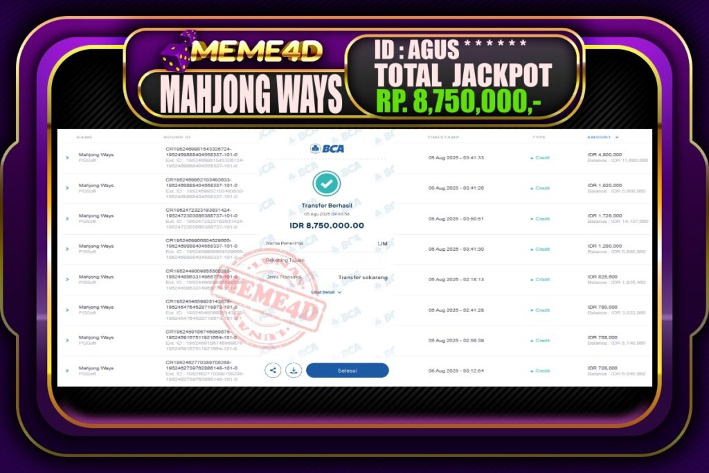Bukti Jp MEME4D Slot Online 05 AGUSTUS 2025
