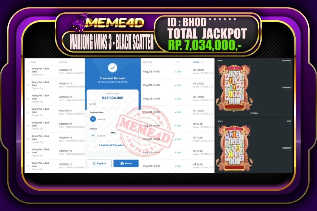 Bukti Jp MEME4D Slot Online 02 AGUSTUS 2025