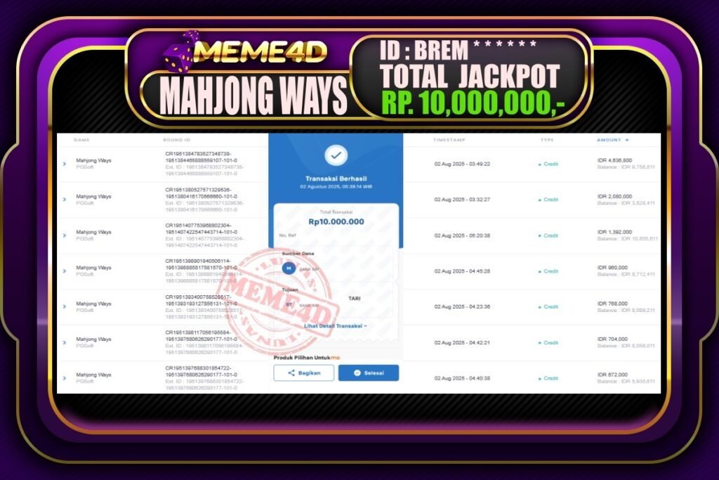 Bukti Jp MEME4D Slot Online 02 AGUSTUS 2025