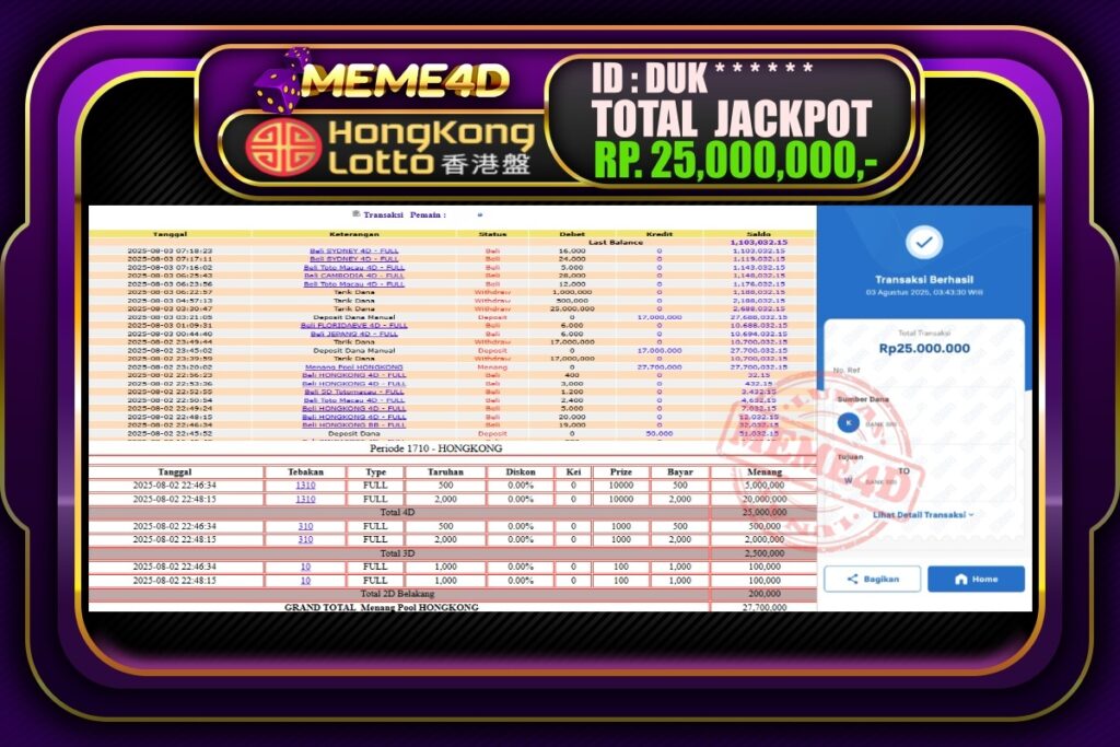 Bukti Jp MEME4D Togel Online 03 AGUSTUS 2025