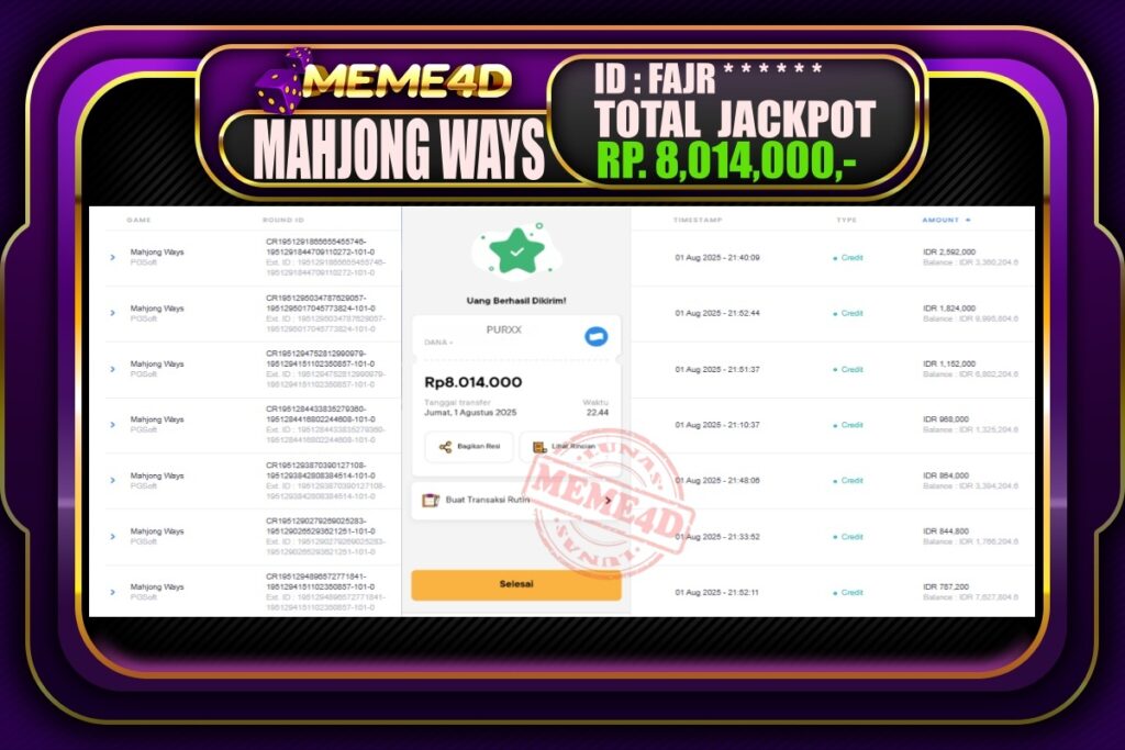 Bukti Jp MEME4D Slot Online 02 AGUSTUS 2025