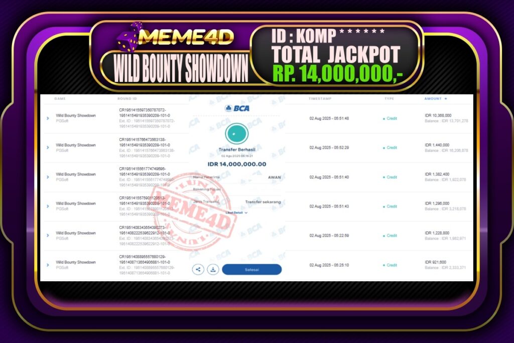 Bukti Jp MEME4D Slot Online 02 AGUSTUS 2025