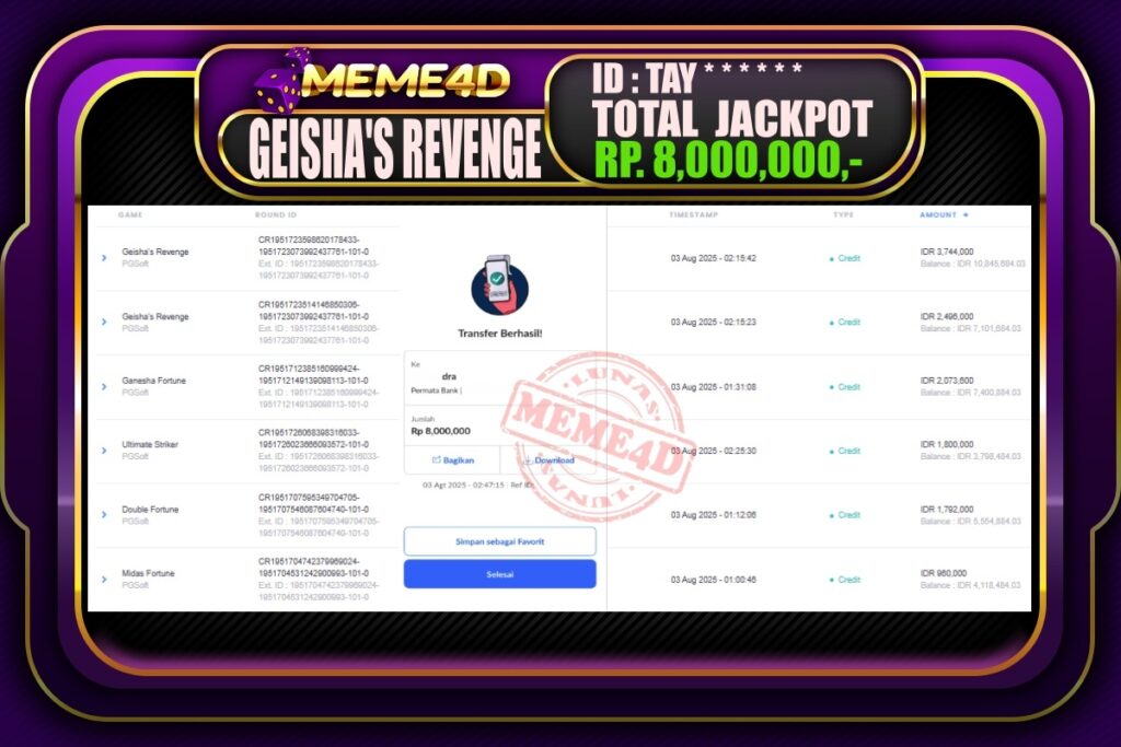 Bukti Jp MEME4D Slot Online 03 AGUSTUS 2025