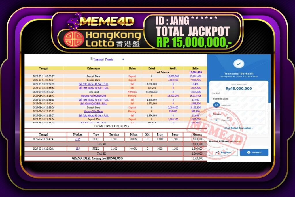 Bukti Jp MEME4D Togel Online 11 September 2025
