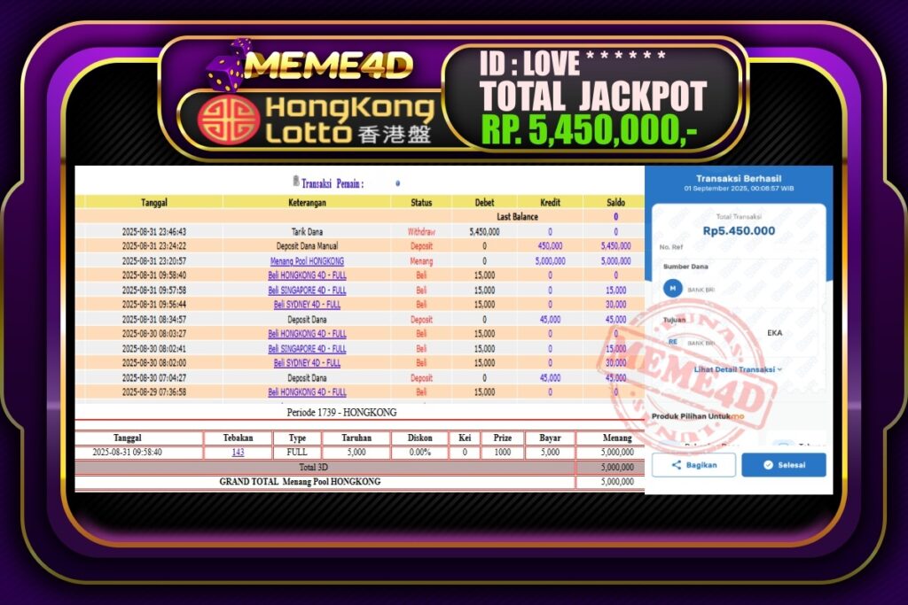 Bukti Jp MEME4D Togel Online 01 September 2025