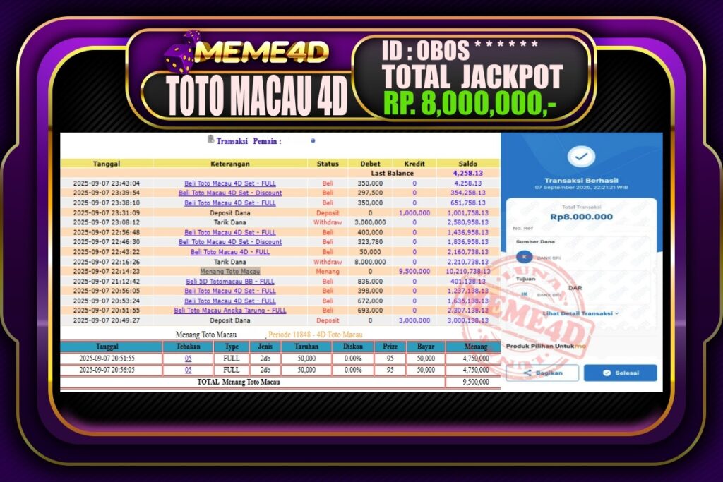 Bukti Jp MEME4D Togel Online 08 September 2025