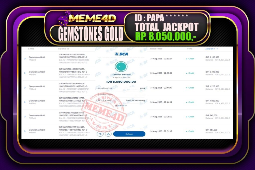 Bukti Jp MEME4D Slot Online 01 September 2025