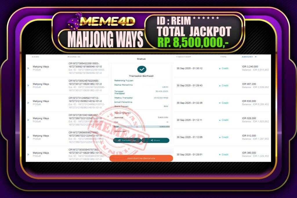 Bukti Jp MEME4D Slot Online 30 September 2025
