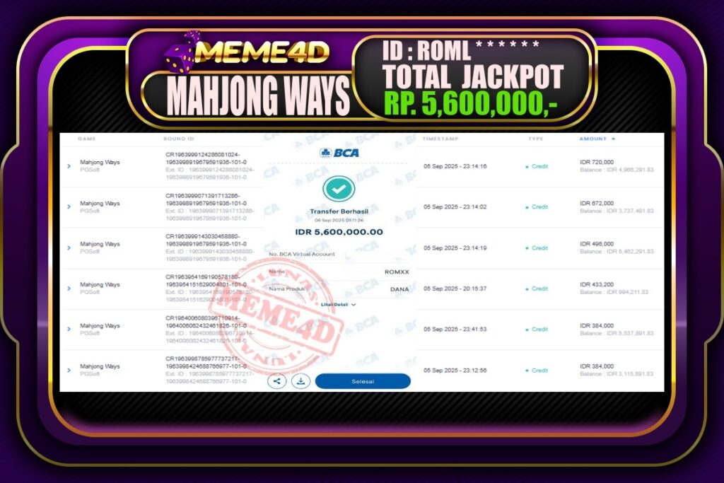 Bukti Jp MEME4D Slot Online 06 September 2025