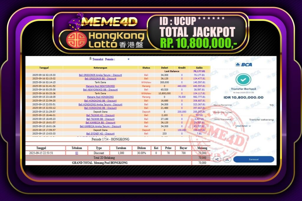 Bukti Jp MEME4D Togel Online 16 September 2025