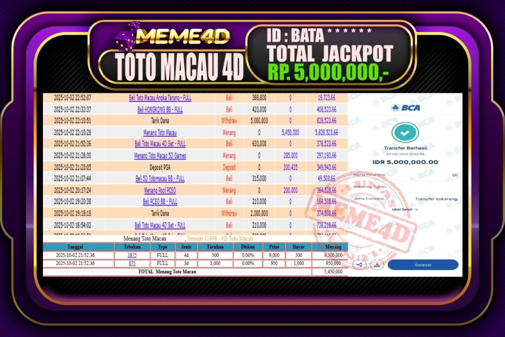 Bukti Jp MEME4D Togel Online 03 Oktober 2025