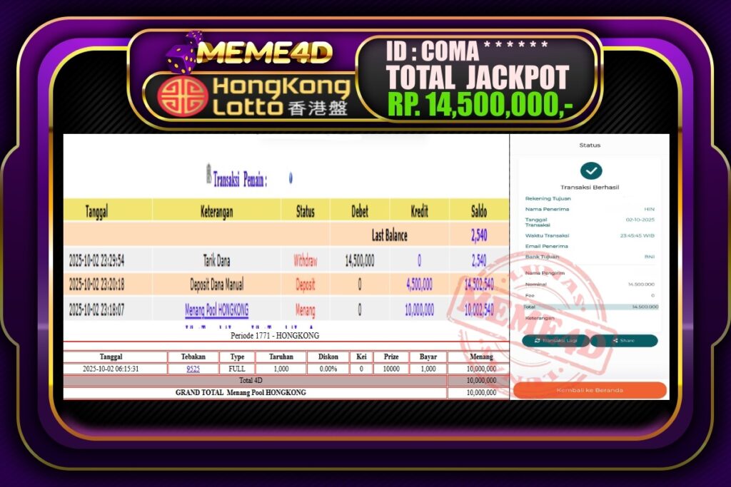 Bukti Jp MEME4D Togel Online 03 Oktober 2025