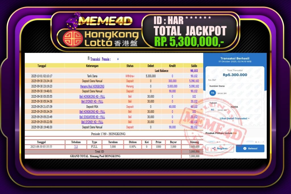 Bukti Jp MEME4D Togel Online 01 Oktober 2025