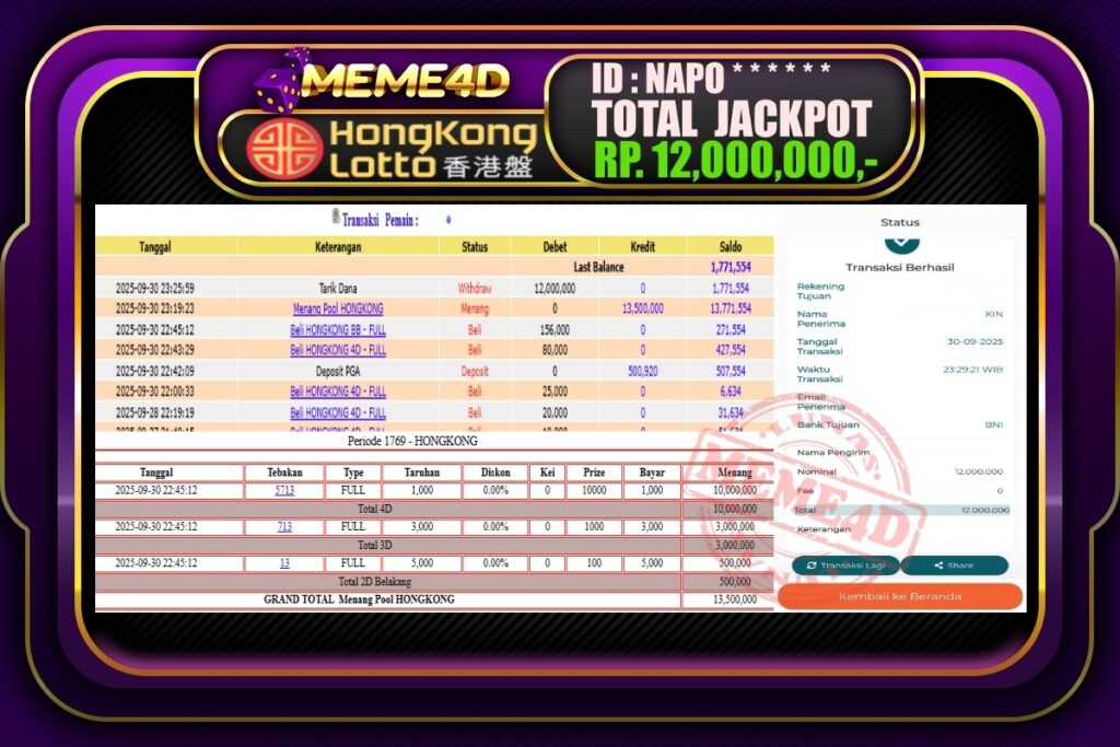 Bukti Jp MEME4D Togel Online 01 Oktober 2025