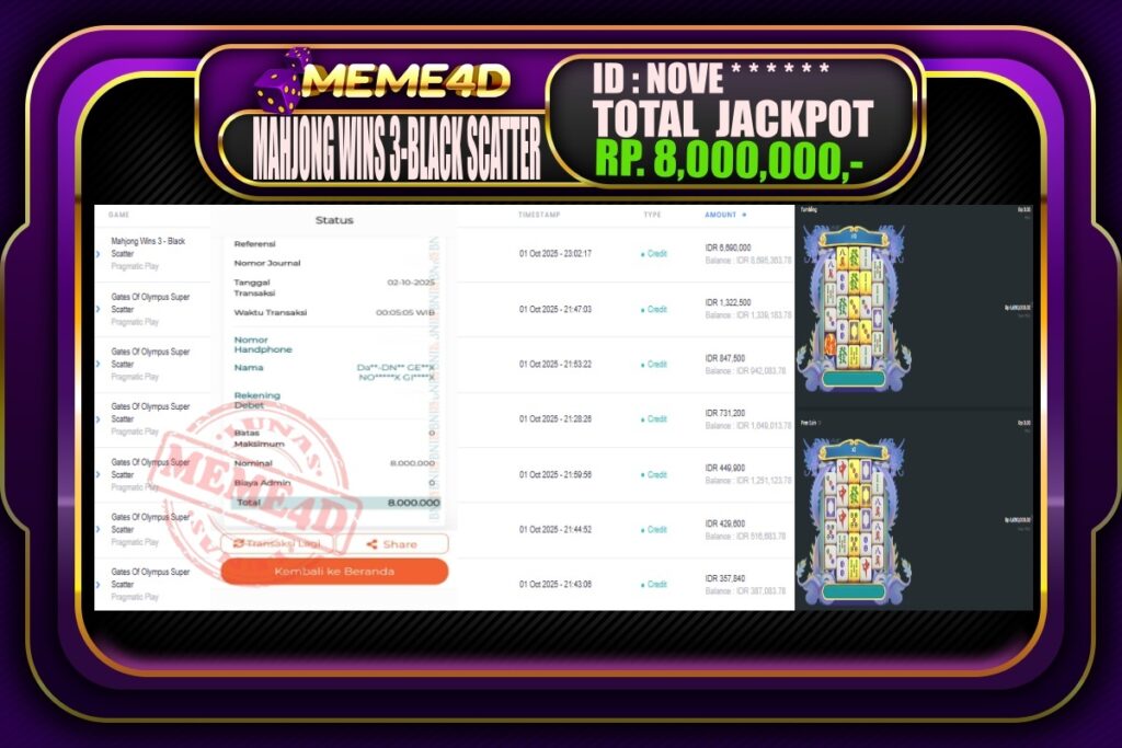 Bukti Jp MEME4D Slot Online 02 Oktober 2025