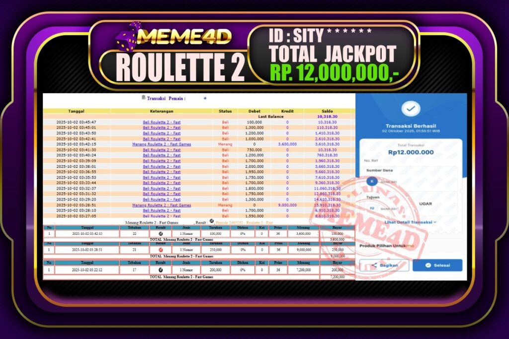 Bukti Jp MEME4D Casino Online 02 Oktober2025