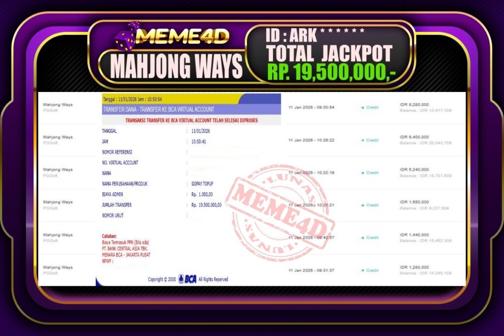 Bukti Jp MEME4D Slot Online 12 Januari 2026