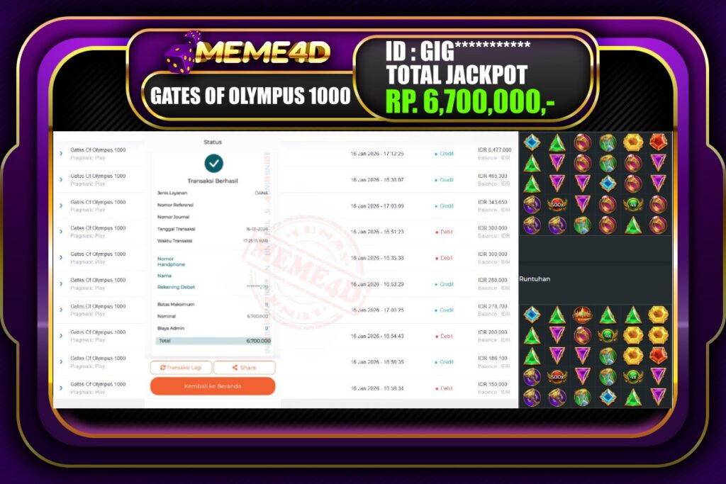 Bukti Jp MEME4D Slot Online 16 Januari 2026