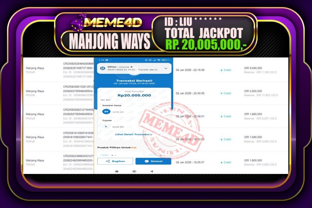Bukti Jp MEME4D Slot Online 09 Januari 2026
