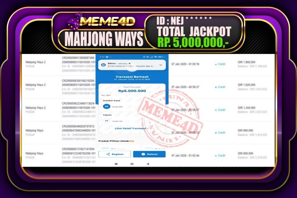 Bukti Jp MEME4D Slot Online 07 Januari 2026