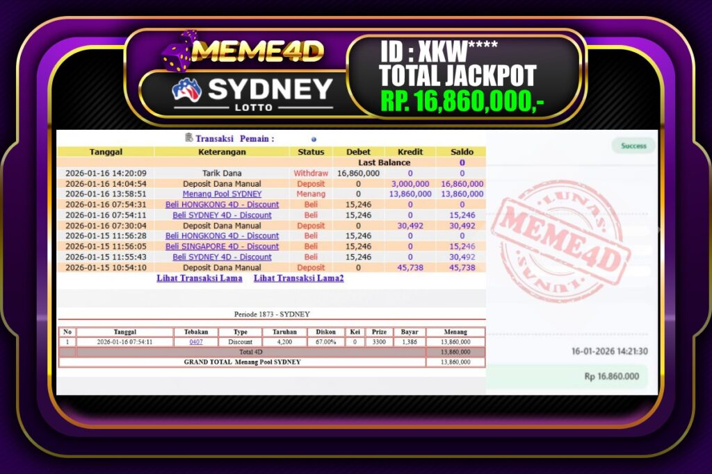 Bukti Jp MEME4D Togel Online 16 Januari 2026
