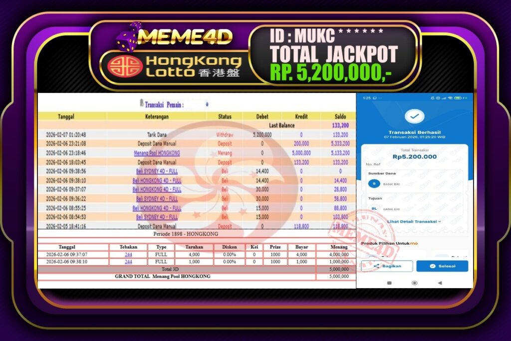 Bukti Jp MEME4D Togel Online 07 February 2026
