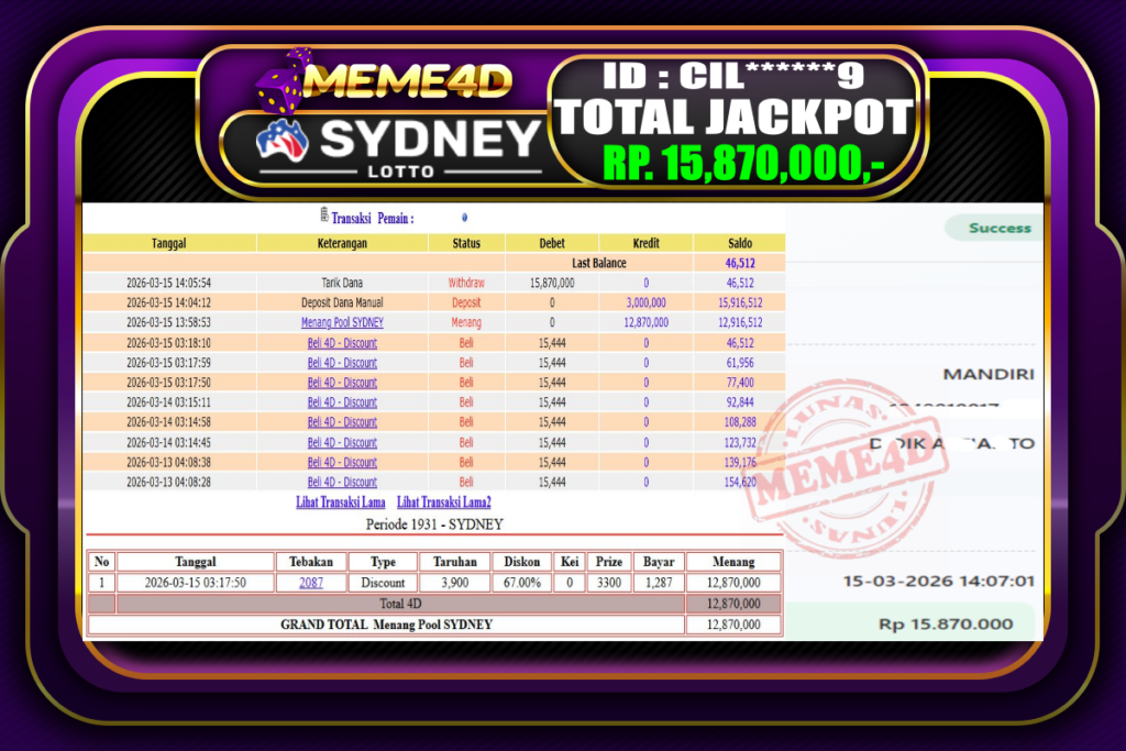 Bukti Jp MEME4D Togel Online 15 March 2026