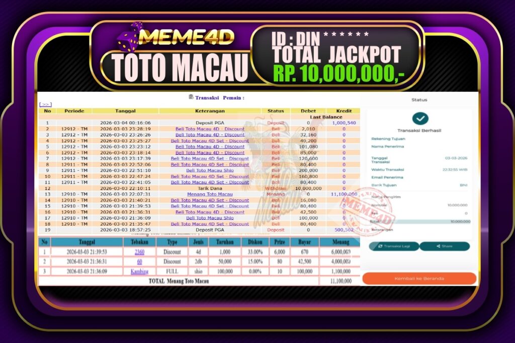 Bukti Jp MEME4D Togel Online 04 March 2026