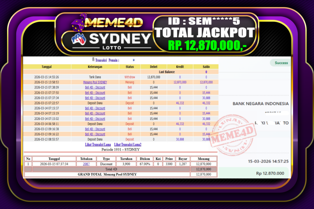 Bukti Jp MEME4D Togel Online 15 March 2026