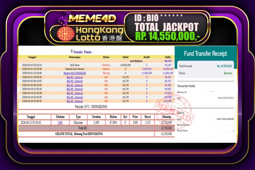 Bukti Jp MEME4D Togel Online 22 April 2026
