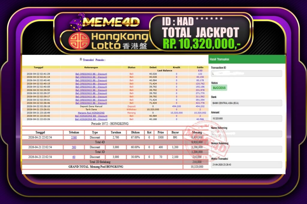 Bukti Jp MEME4D Togel Online 22 April 2026