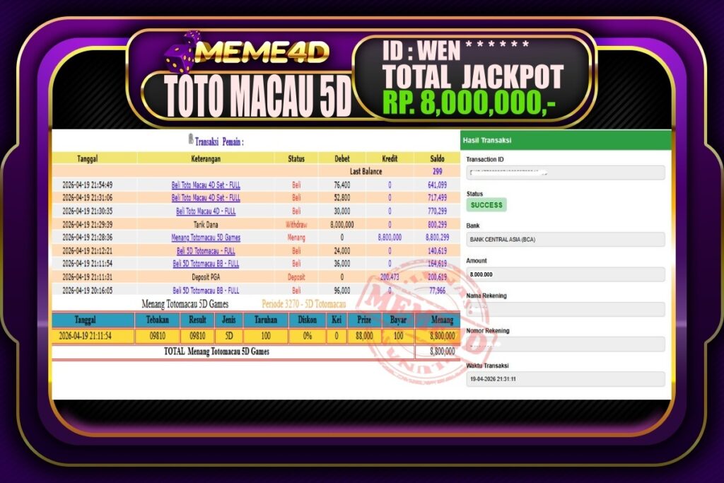 Bukti Jp MEME4D Togel Online 20 April 2026